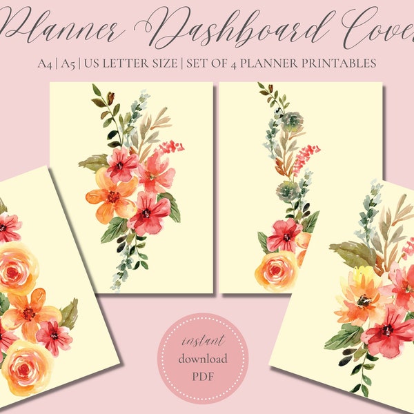 Floral Printable A5 Planner Cover - A4 US Letter Printable Dashboards - Watercolor Flower Binder Cover Set - Instant Download PDF