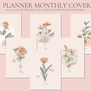 Floral Line Art Planner Printable Dashboards - 12 Month Calendar Journal Cover - Abstract Flower A5Journal Cover - Instant Download
