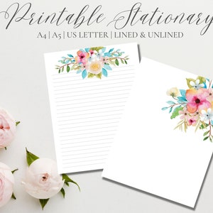 Estacionario imprimible de flores - Acuarela de papel de notas floral imprimible - Papel imprimible sin forro forrado - Primavera de tarjeta en blanco de acuarela