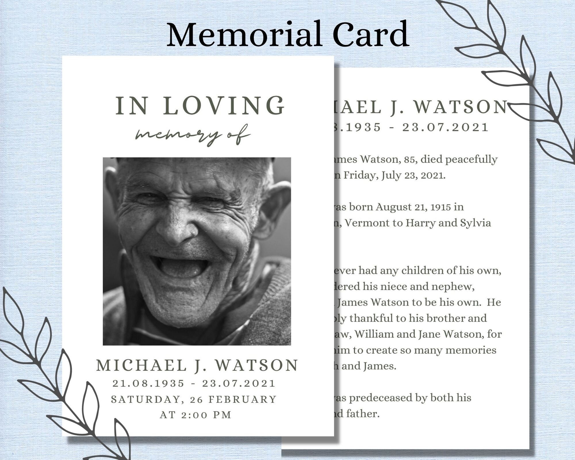 Memorial Card Funeral Card Memory Card 100% Editable - Etsy