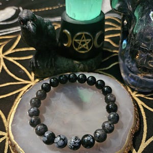 The Crow Crystal Bracelet, Snowflake Obsidian/Larvikite/Black Tourmaline, Grounding, Block Negativity, Root Chakra, Goth Jewelry, 8mm Beads