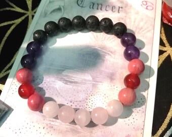 Bracelet en cristaux naturels du zodiaque du cancer, bijoux astrologie, pierre de lune, quartz rose, rhodonite, cornaline, améthyste, pierre de lave, perles de 8 mm