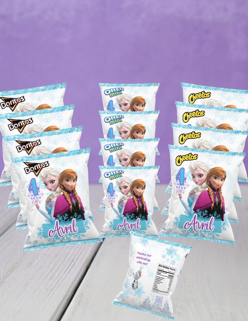 May include: A collection of snack bags featuring characters from the movie "Frozen." The bags include Doritos, Oreo Mini, and Cheetos. Each bag has a "4" and the name "Avril" on it. One bag has the text "Thanks for celebrating with me!"