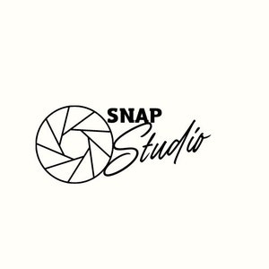 May include: Black and white logo for a photography studio called "SNAP Studio". The logo features a stylised camera lens.