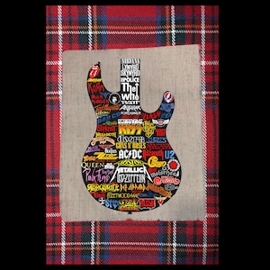 May include: A black guitar-shaped graphic filled with logos of classic rock bands, including The Who, AC/DC, and Metallica. The graphic is set against a tan background and framed by a red and black plaid pattern.