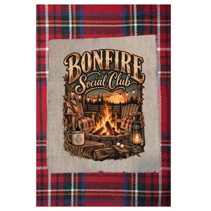 May include: A rectangular fabric patch featuring a bonfire scene with the text "BONFIRE Social Club". The illustration includes two wooden chairs, a campfire, a lantern, and a mug, all set against a red, blue, and white plaid background.