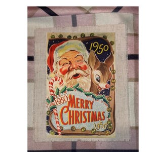May include: Vintage Christmas card featuring Santa Claus with a smiling reindeer. The card has the text "1950 Merry Christmas" in red and white, with a candy cane and holly accents. The background is dark blue.