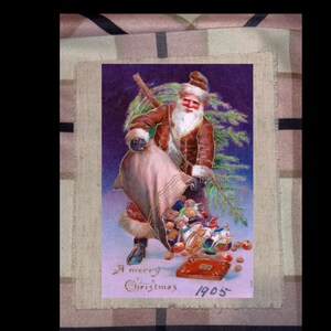 May include: Vintage Christmas postcard featuring Santa Claus in a red coat and hat, carrying a sack of toys. The illustration shows Santa with a white beard and a fir tree. The text reads "A merry Christmas 1905".