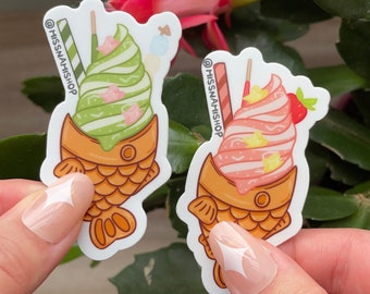 Taiyaki Icecream Sticker | Strawberry Taiyaki Icecream | Matcha Taiyaki Icecream | Waterproof Vinyl Sticker | Sticker for Laptop, Notebook