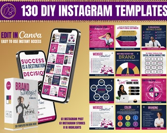 130 DIY Brand Strategist Social Media Templates, Brand Strategist Flyers, Website Designer, Editable Canva Template Pink Navy and Gold