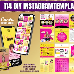 114 DIY Social Media Cleaning Business Templates, Edytowalne szablony dla sprzątaczy, Ulotka dla usług sprzątania, Różowo-czarne