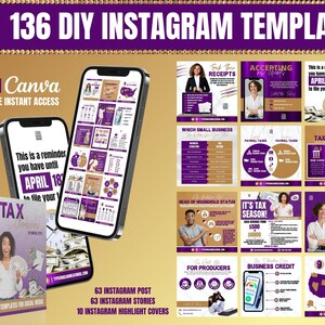 136 plantillas de bricolaje para servicios de impuestos en redes sociales, folleto comestible para preparador de impuestos, morado y dorado
