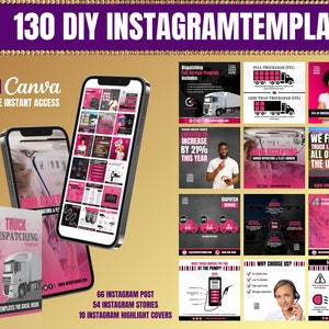 130 DIY Social Media Truck Dispatching Templates, Editable Canva Template, Editable Logistics & Dispatching Templates, Pink and Black