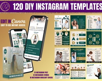 120 Mental Health Awareness Social Media Templates, Therapist Flyers, Highlight Covers, Stories DIY Canva Templates Green and Gold