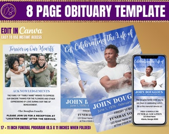 Blue Sky Obituary Funeral Template (17 × 11 in) Booklet, Bi-fold to (8.5 x 11 in) , FREE Memorial Evite, Sky Blue Gold and White