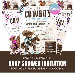 Faire-part de baby shower modifiable cow-boy et cow-girl : motif rodéo bleu ou rose (téléchargement numérique)