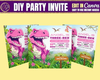 Pink Dinosaur Birthday Invite, Girl Dino Invitation, Birthday Jurassic Pink T-rex Invitation