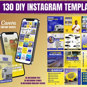 130 DIY Social Media Truck Dispatching Templates, Editable Canva Template, Editable Logistics & Dispatching Templates, Blue and Yellow