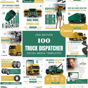 May include: A promotional graphic with a green and yellow color scheme, advertising truck dispatch services. The image includes various graphics of trucks, tires, and informational text, including "Truck Dispatcher Social Media Templates."
