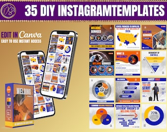 DIY Welder Social Media Templates, Editable Canva Template, Welding Services Template, Blue, Orange and Yellow