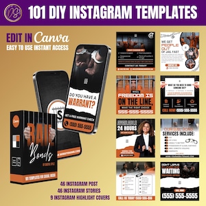May include: 101 Instagram templates for social media, including posts, stories, and highlight covers. The templates feature a jail theme with images of bars, handcuffs, and people in prison uniforms. The text on the templates includes phrases like "Do you have a warrant?" and "Freedom is on the line."