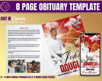 Red Obituary Funeral Template (17 × 11 in) Booklet, Bi-fold to (8.5 x 11 in) , FREE Memorial Evite, Red Black and White