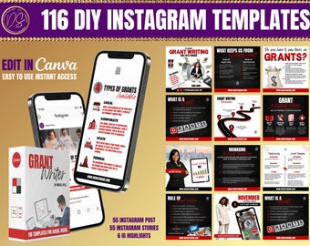 116 DIY Grant Writer Social Media Templates, Editable Canva Templates, Grant Writer Flyers, Grant Tips Red and Black