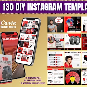 130 DIY Social Media Truck Dispatching Templates, Editable Canva Template, Editable Logistics & Dispatching Templates, Red and Black