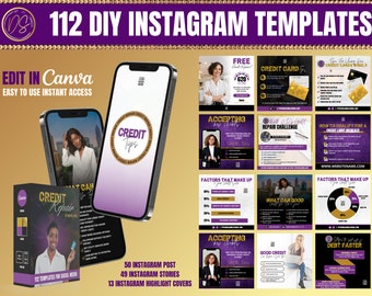 112 DIY Social Media Credit Repair Templates, Editable Credit Repair Canva Templates, Credit Repair Flyer, Purple, Gold and Black