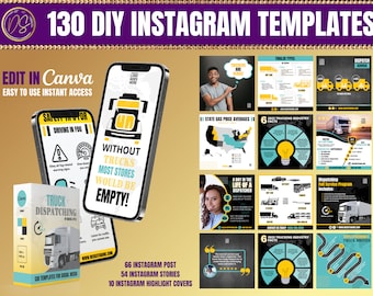 130 DIY Social Media Truck Dispatching Templates, Editable Canva Template, Yellow, & Sea Serpent Blue