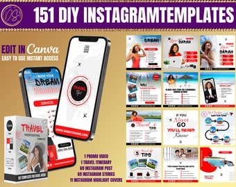 151 DIY Social Media Travel Professional Templates | Travel Agent Flyer | Travel Marketing Content | Traveler Social Media Red & Black