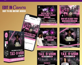Op de afbeelding: Een promotieafbeelding voor Instagram-sjablonen met Halloween-thema. Het ontwerp toont een smartphone met een sjabloon, een productdoos en voorbeeldb posts. Het kleurenschema is zwart, roze en wit, met spookachtige graphics en tekst.