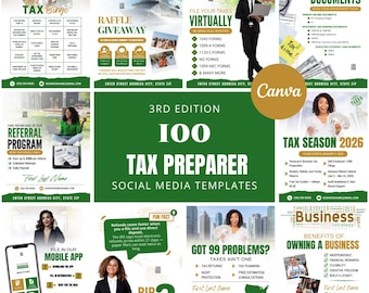 May include: A set of tax preparation social media templates in green and white. The templates cover topics such as tax cuts, referral schemes, virtual filing, and child tax credits. The Canva logo is present.