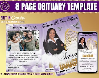 Lavender Sky Obituary Funeral Template (17 × 11 in) Booklet, Bi-fold to (8.5 x 11 in) , FREE Memorial Evite,  Lavender Gold and White