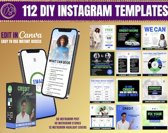 May include: A collection of 112 DIY Instagram templates for credit repair businesses. The templates are designed to be used with Canva and include a variety of designs, such as posts, stories, and highlight covers. The templates feature a variety of colors, including black, white, green, blue, and red. The templates also include text such as "Credit Repair", "Free Credit Score", "What Can Good Credit Do For You", "The Power of Credit", "How Credit Report Errors Can Hurt Your Credit", "Fix Your Credit Now Not When You'll Need It Most", "Reminder", "Client Update", "Factors That Make Up Your Credit Score", and "Fix Your Credit Score".