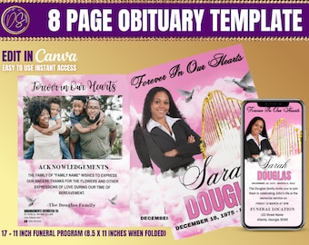 Pink Sky Obituary Funeral Template (17 × 11 in) Booklet, Bi-fold to (8.5 x 11 in) , FREE Memorial Evite, Pink Black and White