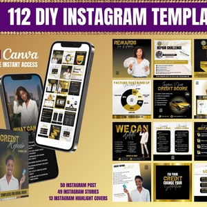 112 DIY Social Media Credit Repair Templates, Editable Credit Repair Canva Templates, Credit Repair Flyer, Gold and Black