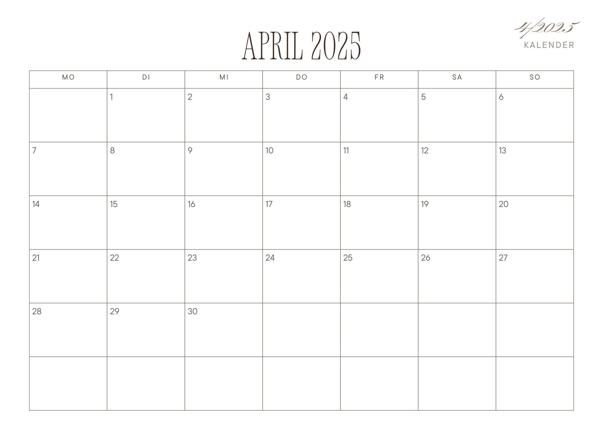 Digitaler Kalender 2025 zum Ausdrucken – Minimalistisches A4 PDF