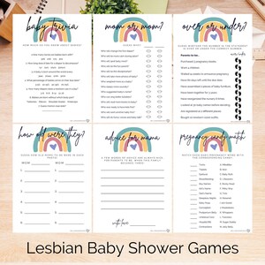 Può includere: Un set di sei giochi per il baby shower con disegni arcobaleno e colori pastello. I giochi includono "Baby Trivia", "Mamma o mamma?", "Over or Under?", "Quanti anni avevano?", "Consigli per la mamma" e "Pregnancy Candy Match". Il testo "Lesbian Baby Shower Games" è in basso.