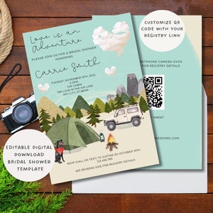 Invitación a una despedida de soltera aventurera: Pareja de acampada y senderismo (Descarga digital editable)