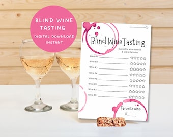 May include: A wine tasting game with two glasses of wine, a cork, and a pink circle with the text "BLIND WINE TASTING DIGITAL DOWNLOAD INSTANT". The game card has spaces to guess the wine and score it.