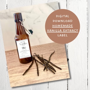 May include: A small brown glass bottle with a white label that reads "Vanilla Extract" sits next to several dark brown vanilla beans. The bottle has a metal clasp closure. A brown circular graphic reads "DIGITAL DOWNLOAD HOMEMADE VANILLA EXTRACT LABEL".