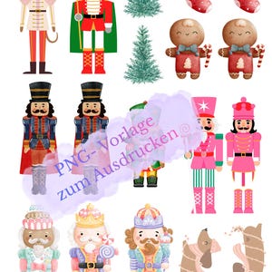 Puede incluir: Una colección de ilustraciones navideñas en acuarela. La imagen presenta cascanueces, ratones con atuendo real, hombres de jengibre, calcetines de Papá Noel, árboles de Navidad y perros salchicha adornados con luces. Las ilustraciones son de estilo caprichoso.