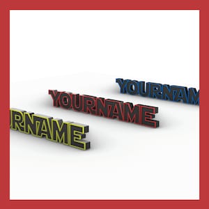 May include: Three dimensional text that reads "YOURNAME" in black with a blue, red, and yellow outline. The text is on a white background.