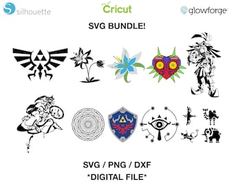 May include: A set of 10 black and white SVG digital files featuring various designs from the Legend of Zelda video game series. The designs include the Triforce, Master Sword, Ocarina of Time, and more.