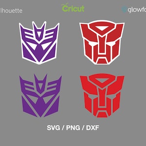 May include: Two sets of the Transformers Autobot and Decepticon logos. The Autobot logo is red and the Decepticon logo is purple. Both logos are outlined in white.