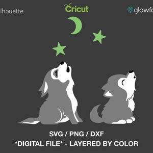 Howling Wolf Cubs with Moon and Stars - SVG - PNG - DXF Cut files for Cricut - Print & Cut - Silhouette - Glowforge