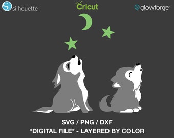 Cachorros de lobo aullando con luna y estrellas - Archivos de corte SVG - PNG - DXF para Cricut - Impresión y corte - Silhouette - Glowforge