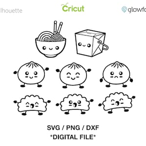 May include: Black and white line art illustration of a bowl of noodles, a takeaway box, and six cartoon dumplings with smiling faces. The text "SVG/PNG/DXF *DIGITAL FILE*" is at the bottom of the image.