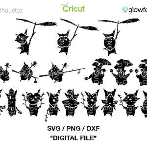 May include: A set of 16 black and white digital silhouette images of a whimsical creature with different poses and expressions. The creature is a stylized, cartoon-like figure with large eyes, a small mouth, and a round body. The images are suitable for use in crafting projects, such as cutting, printing, and embroidery.